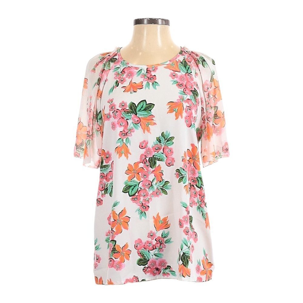 🌺 Ann Taylor Garden Boho Short Sleeve Pleated Floral Blouse Size S